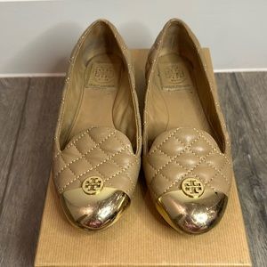 Tan quilt stitched Tory Burch flats sz 5